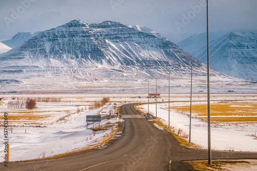 On the road to Akureyri encompass with snow mountain on Ring road during winter at Akureyri , North of Iceland : 18 March 2020
