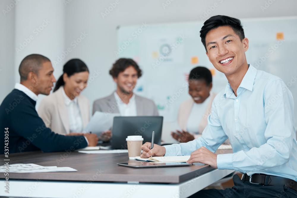 Businessman, paper writing or happy intern in digital marketing meeting, global creative startup or advertising company. Employee portrait, smile or motivation worker in teamwork collaboration office Businessman, paper writing or happy intern in digital marketing meeting, global creative startup or advertising company. Employee portrait, smile or motivation worker in teamwork collaboration office