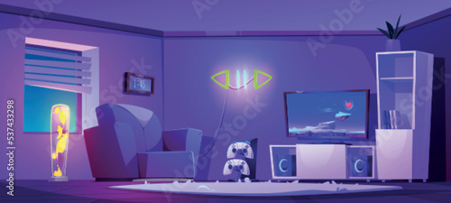 Game room interior, cartoon vector illustration. Lounge place for night computer gaming entertainment with large TV screen, joystick gamepads, comfortable armchair, neon pause and play signs on wall