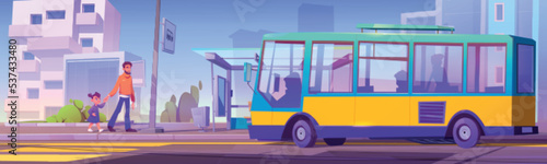 People on bus stop, father with little daughter walking to public transport parked station with booth and sign at cityscape background with road, zebra and modern houses, Cartoon vector illustration