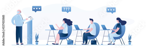 Senior lecturer or speaker makes speech. Group of students listen to elderly teacher. Lecture, business mentor or boss speaks. People sit at workplaces. Business communication, presentation.