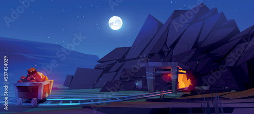 Gold mine entrance with cart full of gold ingots on rails at night nature landscape with moon. Quarry cave outside view with golden nuggets, rocks and stone on trolley, Cartoon Vector illustration