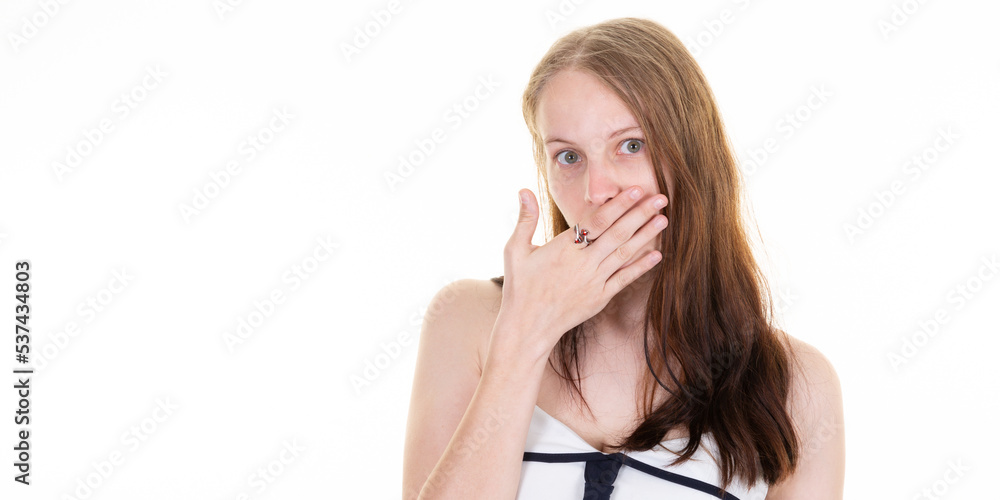 beautiful young woman in costume dress with hand over surprised mouth on copy space white background beautiful young woman in costume dress with hand over surprised mouth on copy space white background