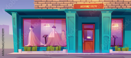Wedding salon with white gowns on mannequins, jewelry accessories in large illuminated shop windows. Facade of bridal store building on city street. Fashion business. Cartoon vector illustration