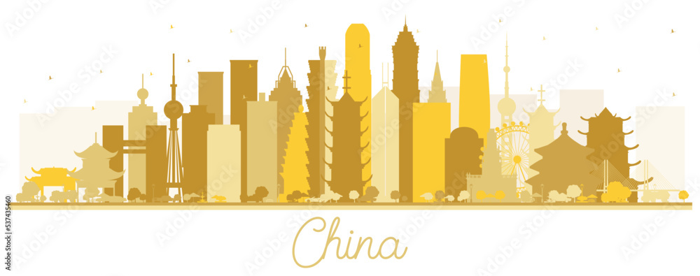 China City Skyline Silhouette with Golden Buildings Isolated on White.