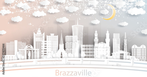 Brazzaville Republic of Congo City Skyline in Paper Cut Style with White Buildings  Moon and Neon Garland.