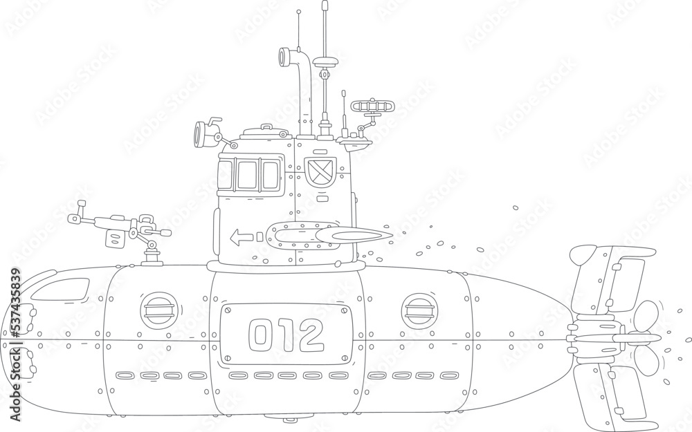 Navy submarine boat equipped with a periscope, armed with torpedoes and guns, on combat patrol in an ocean, black and white outline vector cartoon illustration for a coloring book page