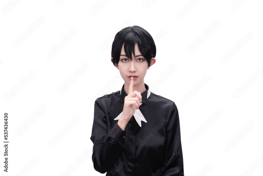 A girl dressed in black against a white background A girl dressed in black against a white background