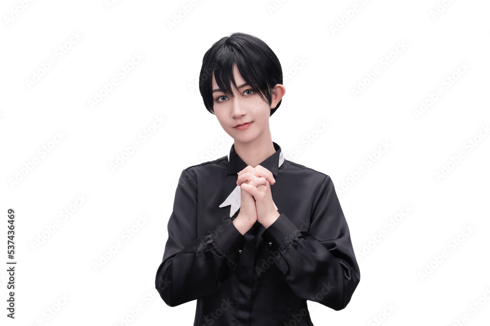 A girl dressed in black against a white background A girl dressed in black against a white background