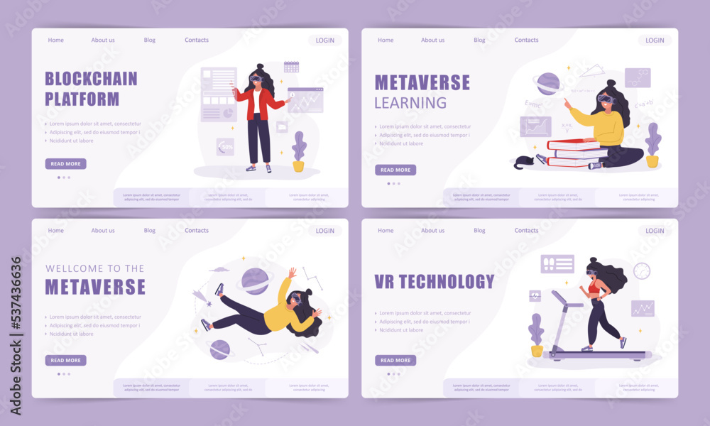 Metaverse landing page template collection. Woman wearing VR glasses. Augment reality or Cyberspace concept. Modern technology entertainment. Vector illustration in flat cartoon style. Metaverse landing page template collection. Woman wearing VR glasses. Augment reality or Cyberspace concept. Modern technology entertainment. Vector illustration in flat cartoon style.