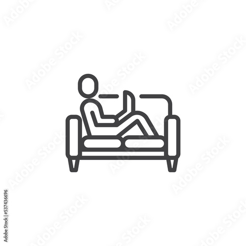 Man sitting with a laptop at sofa line icon