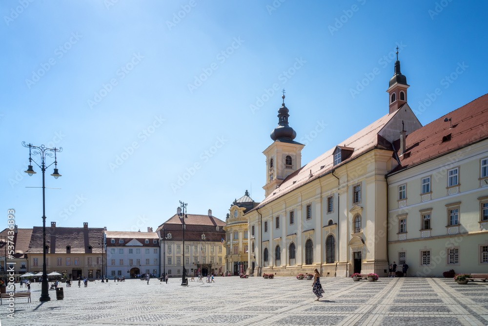 Panoramic view with main town square (Piata Mare) in Sibiu, Romania. Historical center of Sibiu town.