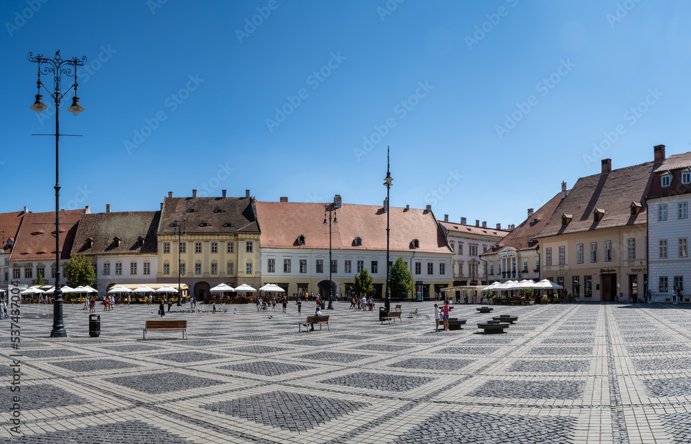 Panoramic view with main town square (Piata Mare) in Sibiu, Romania. Historical center of Sibiu town.