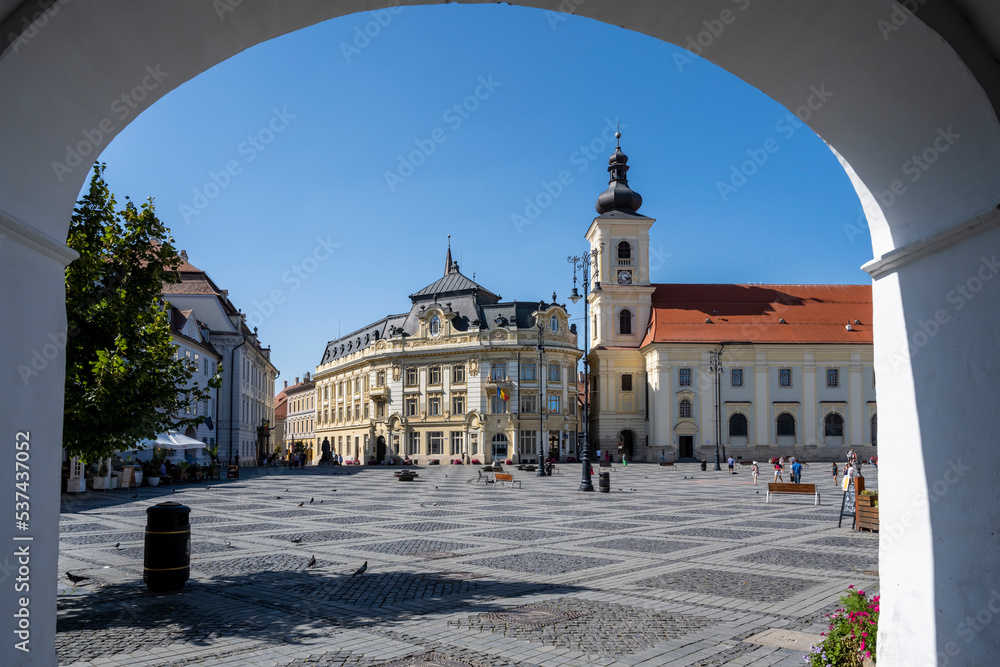 Beautiful view with main town square (Piata Mare) in Sibiu, Romania. Historical center of Sibiu town.