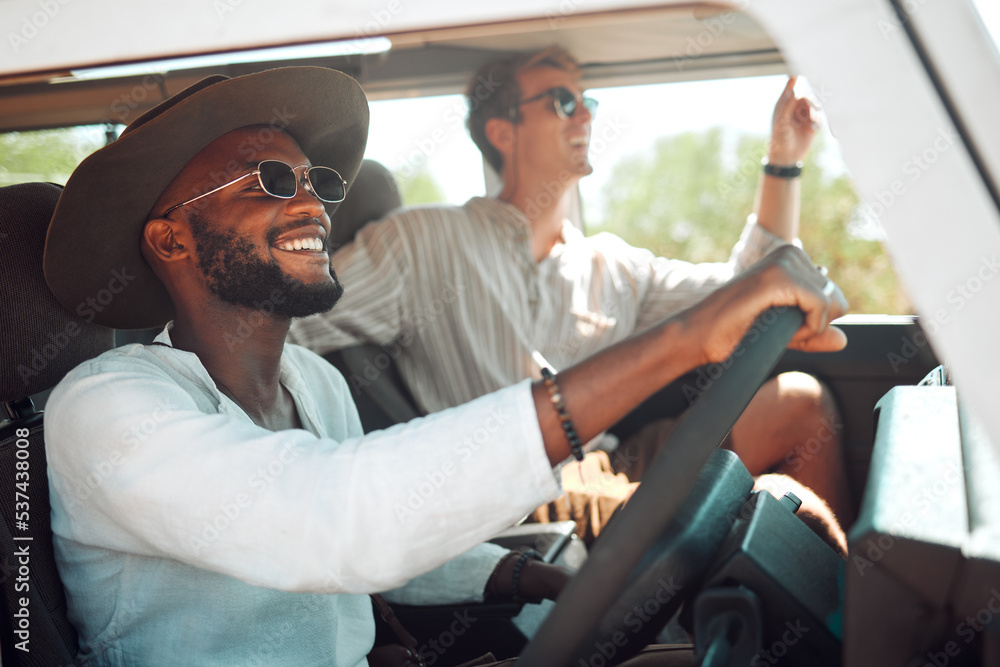Travel driving and road trip friends men in caravan for summer