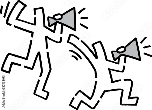 メガホンで応援する手描きの棒人間たち