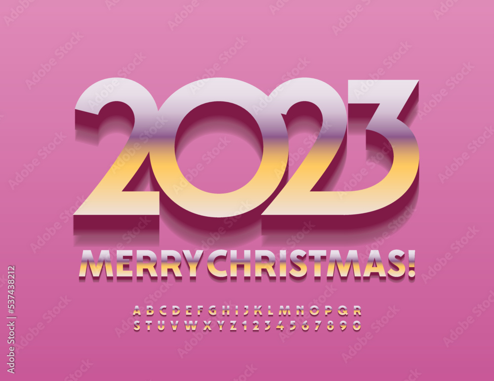 Vector Greeting Card Merry Christmas 2023! Pink and Gold stylish Font. Artistic Alphabet Letters, Numbers and Symbols. Vector Greeting Card Merry Christmas 2023! Pink and Gold stylish Font. Artistic Alphabet Letters, Numbers and Symbols.
