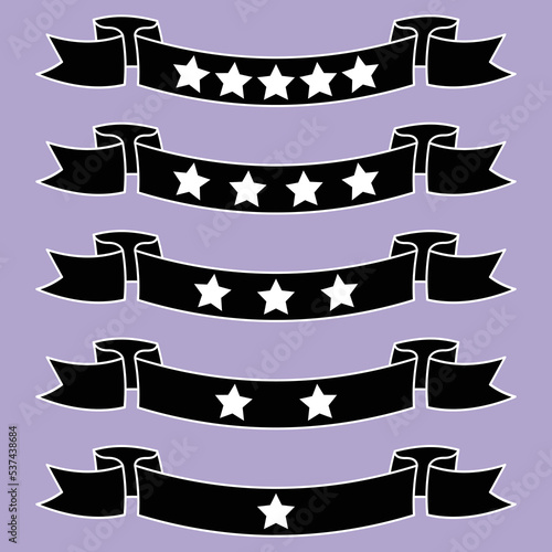評価1～5の星とリボン素材　白い線画の黒リボン