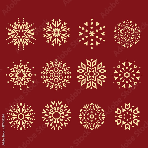 Snowflakes icon collection. Graphic modern gold and red ornament