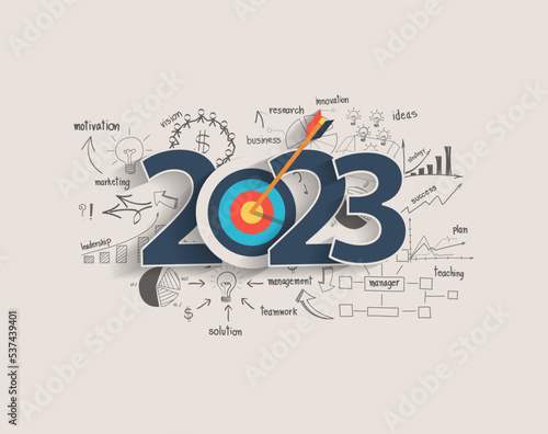 2023 new year target audience concept, Creative thinking drawing charts and graphs business success strategy plan idea on target dart with arrow, Vector illustration modern layout template