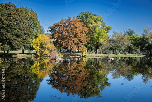 autumn scenery on a quiet day at a water pond in the city park of Skopje