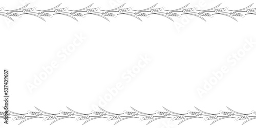 Vector Background, frame made of outline wheat or rye ears in doodle style. Horizontal top and bottom edging, border, decoration on theme of bakery products, flour, harvest, thanksgiving