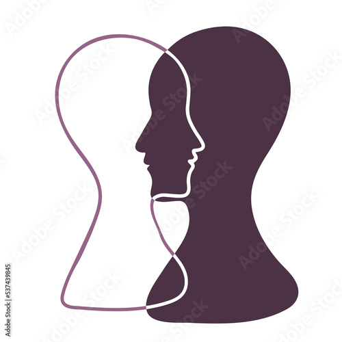 BPD Simple concept. Minimalistic Icon of human head with bipolar disorder or borderline personality disorder. Emotional dualism and Split Personality Disorder. Mental illness. Vector illustration,