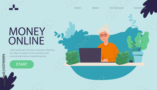 landing page Cheeky granny gambling using computer for earning money. Elderly grandmother at home recklessly play online, senior woman makes bets and win, old people interior vector illustration