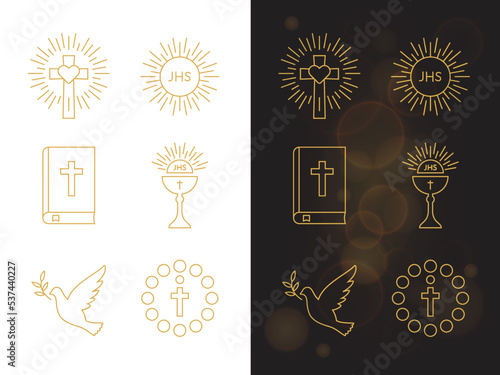 The set of First Communion. Christian Religion sign. Isolated Vector Illustration.