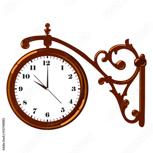 Antique street or station clock on a wrought iron base. Vector object on white background