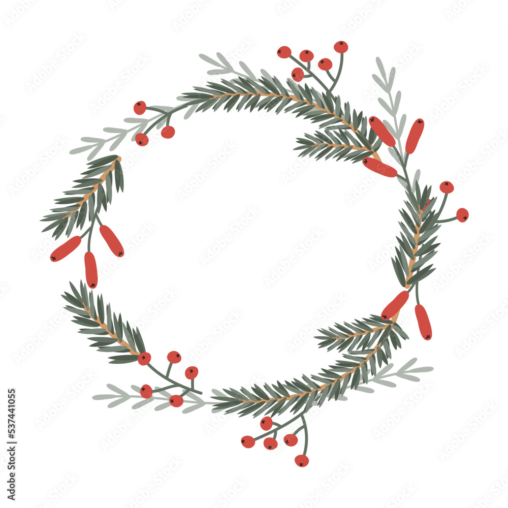 Christmas wreath of cute green spruce branches, red rosehip berries, mistletoe. New Year vector isolated illustration for postcards, banners, posters