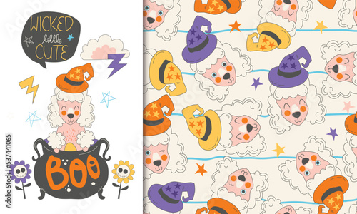 Greeting card and seamless pattern of Halloween vector cute cartoon poodle illustrations. Wicked little cute dog for Halloween celebration, 31st October party. Perfect for children kids pet’s apparel.