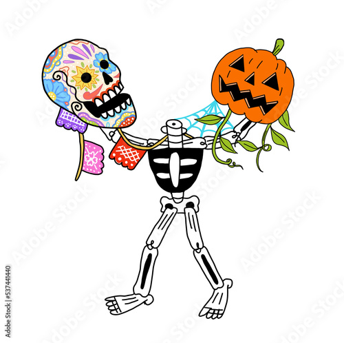illustrazione di scheletro con teschio messicano e zucca di halloween balla per giorno della morte  photo