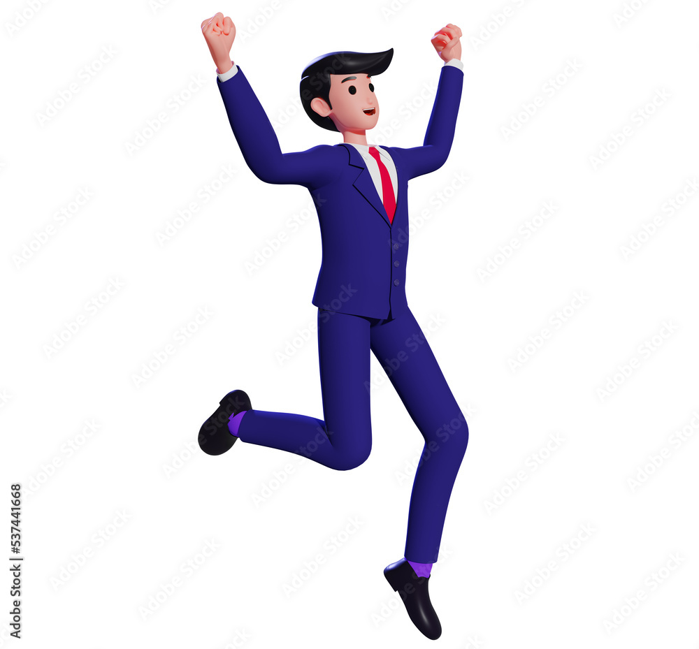 Fototapeta premium Cheerful businessman jumping in the air. 3d Cartoon Businessman jumping celebrating success and raising up arms with clenched fists winner gesture. 3d illustration