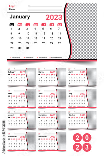 2023 New year desk calendar template with a creative and minimal design layout for print. Stylish and elegant looking. The week starts on Sunday, Editable 12-month pages set