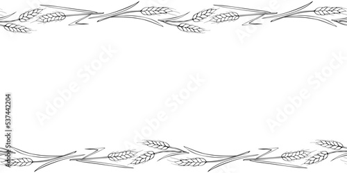 Vector Background, frame made of outline wheat or rye ears in doodle style. Horizontal top and bottom edging, border, decoration on theme of bakery products, flour, harvest, thanksgiving