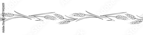 Vector edging, ribbon, border from outline wheat spikelets ears in doodle style. Autumn ornament, seamless pattern, decorative element on theme of bakery products, flour, harvest, Thanksgiving