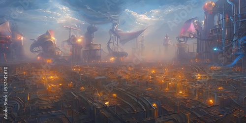 Industrial area, cities of the future. Illustration, concept art. © Korney