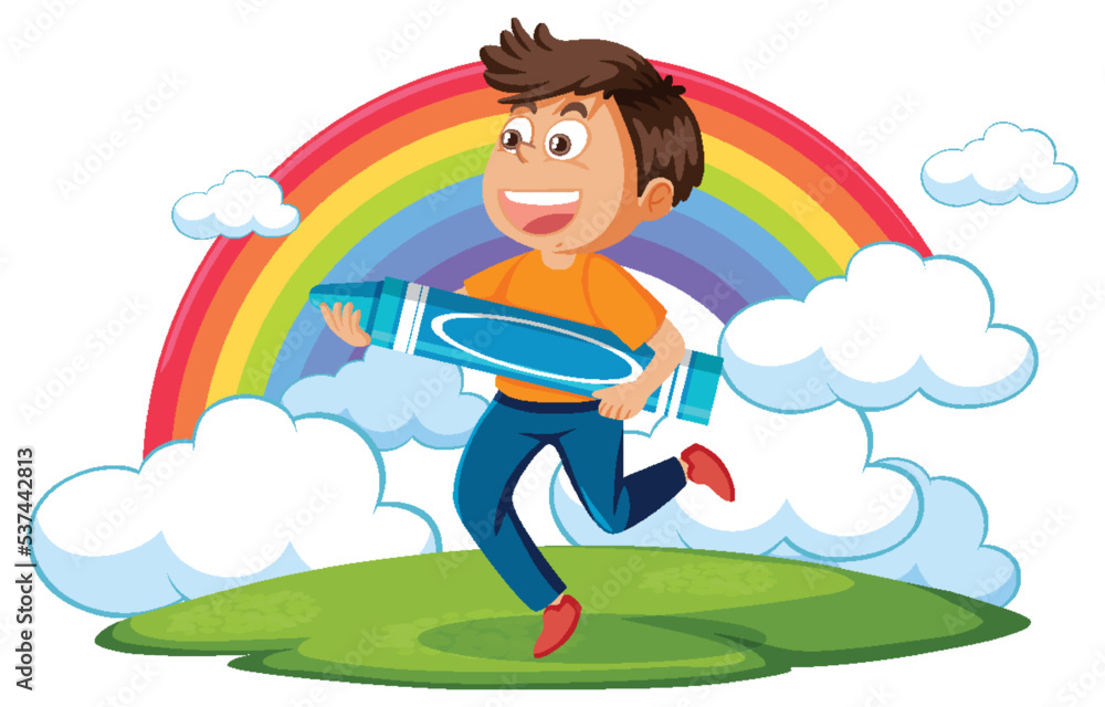 A boy holding big crayon with rainbow in the sky A boy holding big crayon with rainbow in the sky