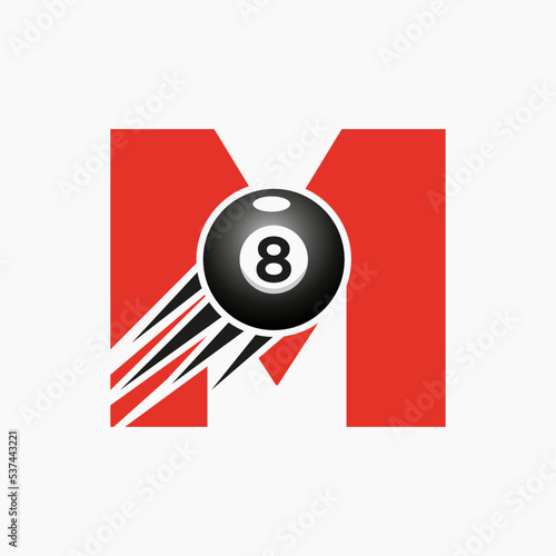 Letter M Billiards or Pool Logo Design For Billiard Room or 8 Ball Pool Club Symbol Vector Template