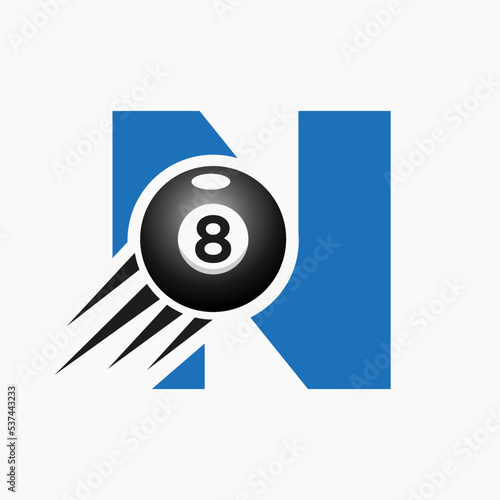Letter N Billiards or Pool Logo Design For Billiard Room or 8 Ball Pool Club Symbol Vector Template