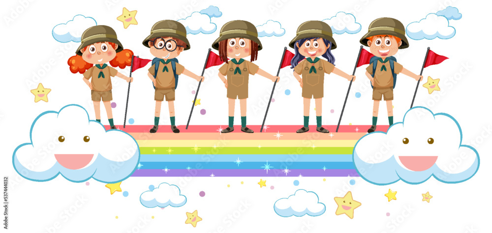 Fototapeta premium Children on rainbow in cartoon style