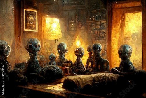 Scary nightmare monsters in a cozy room. Horrible aliens sitting in a room at night and relaxing