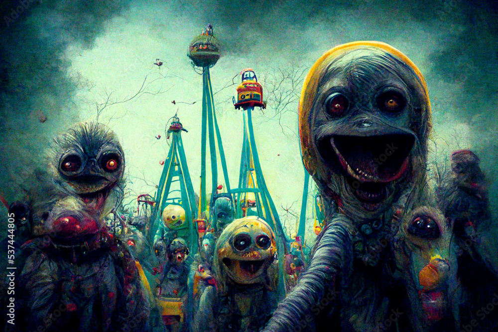 Group of scary alien monsters having fun at the amusement park. Colorful funny scenes of smiling monster aliens Group of scary alien monsters having fun at the amusement park. Colorful funny scenes of smiling monster aliens