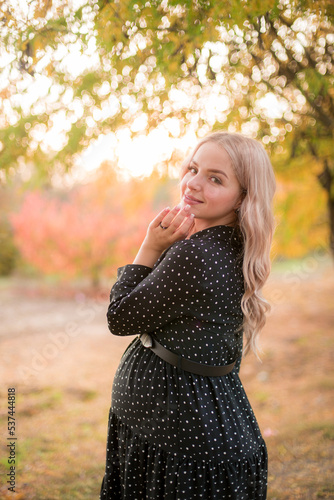 Beautiful young pregnant woman with long blond hair in autumn park in sunny weather. Health and Motherhood. 