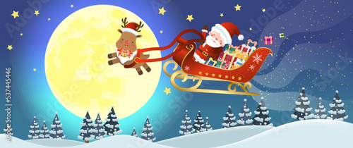 Santa Claus driving a sleigh pulled by elk and full of gifts in the moonlight
