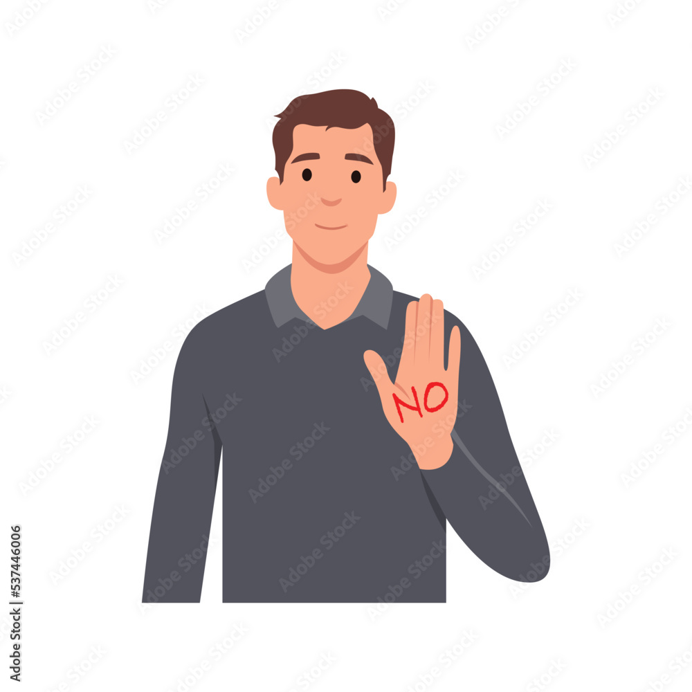 Young man politely refuses the offer No, thank you. Flat vector illustration. Flat vector illustration isolated on white background Young man politely refuses the offer No, thank you. Flat vector illustration. Flat vector illustration isolated on white background