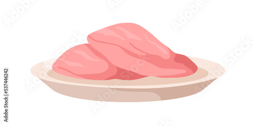 Chicken filet, fresh raw breasts on plate. Poultry fillet. Healthy farm meat. Uncooked food ingredient. Flat cartoon vector illustration isolated on white background