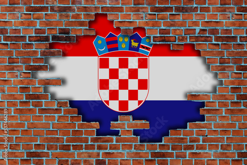 3D Flag of Croatia behind the broken old stone wall background.