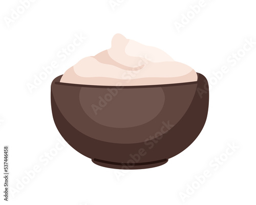 Sour cream in bowl. Mayonnaise, home made creamy sauce in dish. Greek yogurt, dairy mousse. Smooth homemade yoghurt in pot. Flat vector illustration isolated on white background